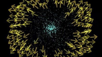 Abstract backdrop animation with pattern of colorful arrows moving outward on dark background.