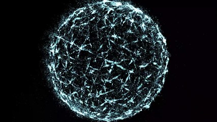 Animation with moving round shape. Sphere made of particles spinning. Science concept backdrop.