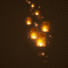 Lanterns isolated on transparent background. Diwali festival floating lamps. Vector indian paper flying lights with flame at night sky. © Kindlena