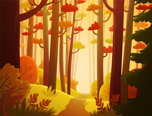 Cartoon forest in autumn with red and orange colored vegetation. Background vector illustration.