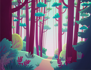 Cartoon fantasy forest with pink trees. Background vector illustration.