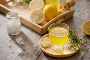 Ginger Ale - Homemade lemon and ginger organic soda drink, copy space.