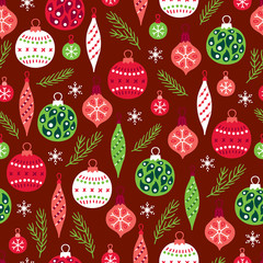 Christmas seamless pattern with fir branches, balls, baubles and snowflakes