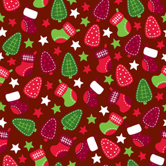 Christmas seamless pattern with stars, socks and fir trees