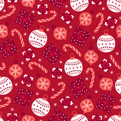Christmas seamless pattern with gift, ball, bauble, candy, snowflake