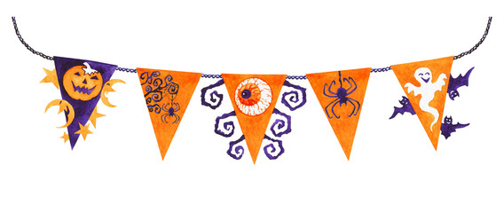 Garland with colorful flags for the holiday happy Halloween. Cute cartoon spooky character. Watercolor hand drawn painting illustration isolated on a white background.