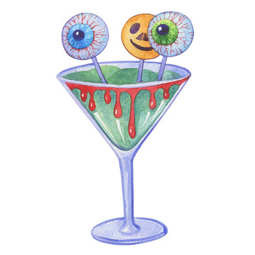 Horror cocktail, decorated with candy in the form of scary eyes in martini glass for the holiday happy Halloween. Watercolor hand drawn painting illustration isolated on a white background.