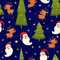 Seamless pattern with reindeers and santa, vector illustration on blue