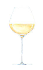 Watercolor hand drawn sketch illustration of glass with white wine isolated on white