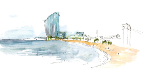 Watercolor hand drawn sketch landscape illustration of Barceloneta Beach, Barcelona, Spain isolated on white - obrazy, fototapety, plakaty
