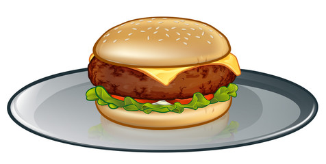 An illustration of a cartoon cheese burger or hamburger on a plate