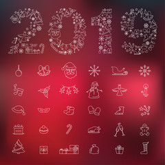 Happy New Year vector background. Thine line icon set. Merry Christmas. Colorful, hand drawn paper typeface on celebration background. Greeting card. illustration. Invitation.Vector