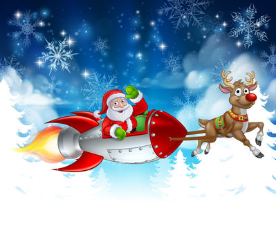 Santa Claus in a rocket sleigh pulled by reindeer Christmas cartoon with winter background landscape 