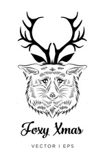 Fototapeta premium Vector editable isolated fox head decorated with deer horns hat. Hand drawn sketch of a fox in Christmas costume tattoo.