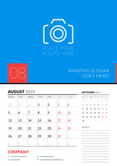 Wall calendar planner template for August 2019. Week starts on Monday. Vector illustration