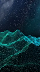 Star horizon. Abstract landscape on a dark background. Cyberspace grid. Hi-tech network. Outer space. Starry outer space texture. 3D illustration