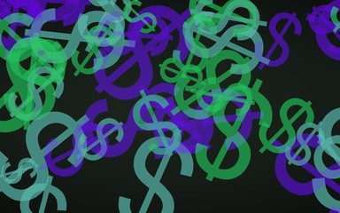 Multicolored translucent dollar signs on dark background. Green tones. 3D illustration