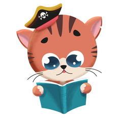 Gato leyendo un libro con gorro de pirata