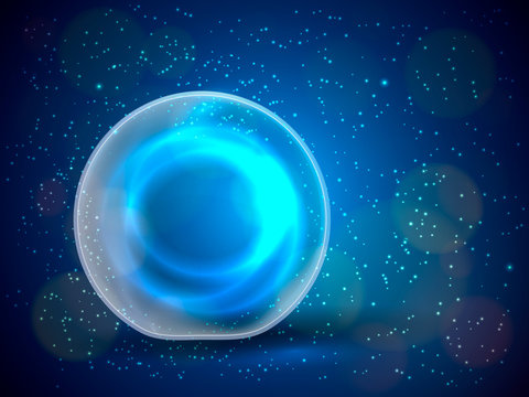 Magic ball with sparkles on blue background. Vector illustration