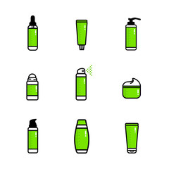 Vector set. Icons of roll-on deodorant, tooth paste, cream, bottle of serum, shampoo, shower gel, liquid soap. White background. Flat style