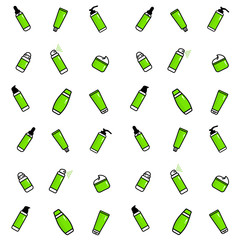 Vector seamless pattern. Icons set of deodorants, tooth paste, cream, bottle of serum, shampoo, shower gel, liquid soap. White background. Flat style