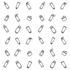 Vector seamless pattern. Icons set of deodorants, tooth paste, cream, bottle of serum, shampoo, shower gel, liquid soap. Black outline on a white background. Flat style