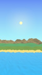 Sun Sea Beach. Noon. Ocean shore line with waves on a beach. Island beach paradise with waves. Vacation, summer, relaxation. Seascape, seashore. Minimalist landscape, primitivism. 3D illustration