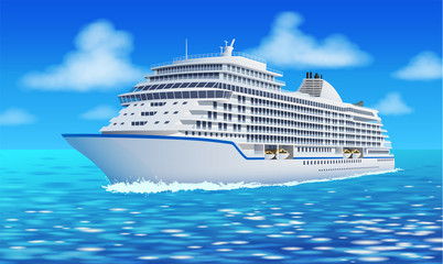 Great cruise liner, ocean, blue sky in flat style. Cruise family vacation, holiday summer luxury. Vector illustration.