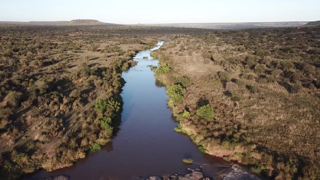 Aerial drone footage wilderness and river in Kenya, East Africa  