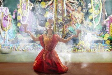 Bengali Women Performing Dhunuchi Dance On The Occasion Of Durga Puja
