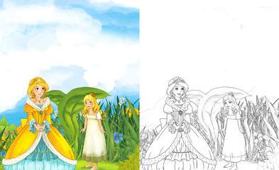 cartoon scene with young beautiful tiny girl in the forest and anoter is looking - with coloring page - illustration for children