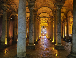 Colonnade perspective of subterranean Basilica Cistern also known as Yerebatan Sarnici. Istanbul, Turkey.