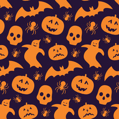 Funny seamless pattern with silhouette of pumpkin, bat, ghost and skull. Repetitive vector wallpaper for Halloween.