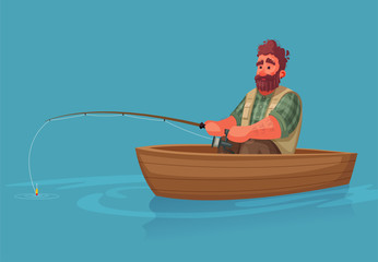 Fisherman with fishing rod. Cartoon vector illustration.