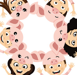 Children in costume piglets symbol of the new 2019 year.