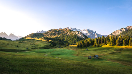 alpine green meadow with wooden huts during sunrise