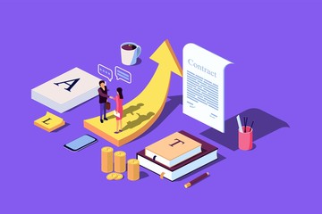 Isometric concept. The investors holds money in ideas social media, documents. Vector illustration for the opening of a new startup, financing of creative projects. Education. Team work