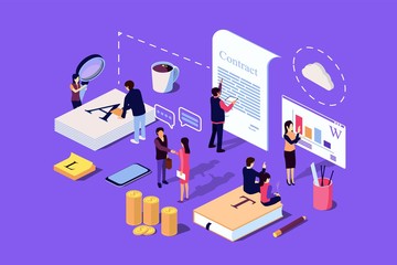 Isometric Concept The investor holds money in ideas. Vector illustration for web page, social media, documents, the opening of a new startup, financing of creative projects. Education.