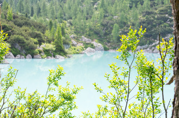 Detail shot of the wonderfull Sorapiss lake in the italian Alps, in the Dolomites mountains range...