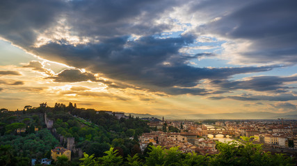 panorama with sunset above florence and ponte vecchio