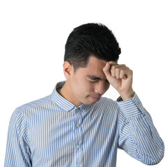 Fototapeta premium Portrait stressed and anxiety handsome young asian man wearing a blue shirt isolated on white wall background. Asia people.
