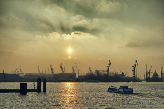 Hamburg Germany sky river sun mystic bridge water reflexion ship boat yacht harbour crane luxury cruise waves