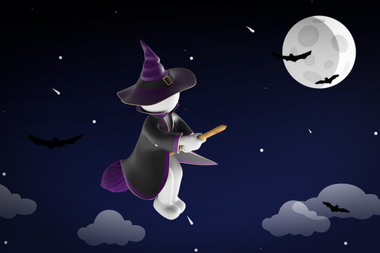 3D Illustration Hexe mit fliegenden Besen Halloween