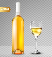 Bottle of wine and wineglass. 3d realism, vector icon with transparency.