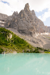The wonderfull Sorapis lake and mountain in the italian Alps, in the Dolomites range close to...