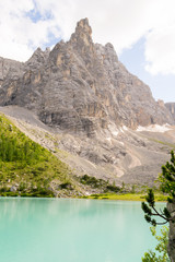 The wonderfull Sorapis lake and mountain in the italian Alps, in the Dolomites range close to...
