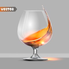 Transparent glass with a splash of brandy. Classic cognac glass, whiskey glass. Vector illustration