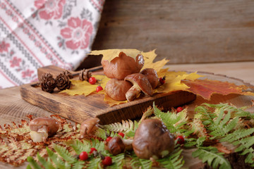 Still life with mushrooms and maple leaves on a wooden background. Harvest from the forest.