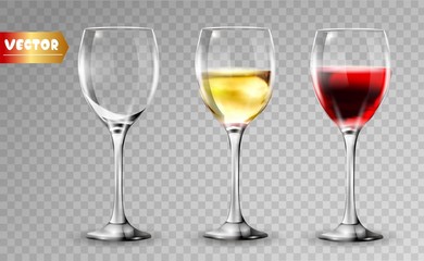 Transparency wine glass. Empty and full. 3d realism, vector icon.
