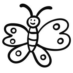 Doodle butterfly, cartoon happy bug isolated on white background. Vector illustration.